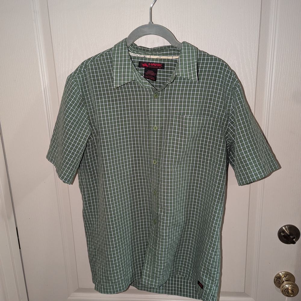 HAWK Mens Green Plaid Button Down Shirt